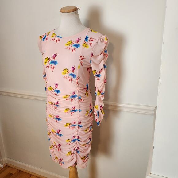 Ganni Dress Size 38 US 6 Womens Floral Pink Mesh Ruched Mini Bodycon Feminine - Picture 4 of 12